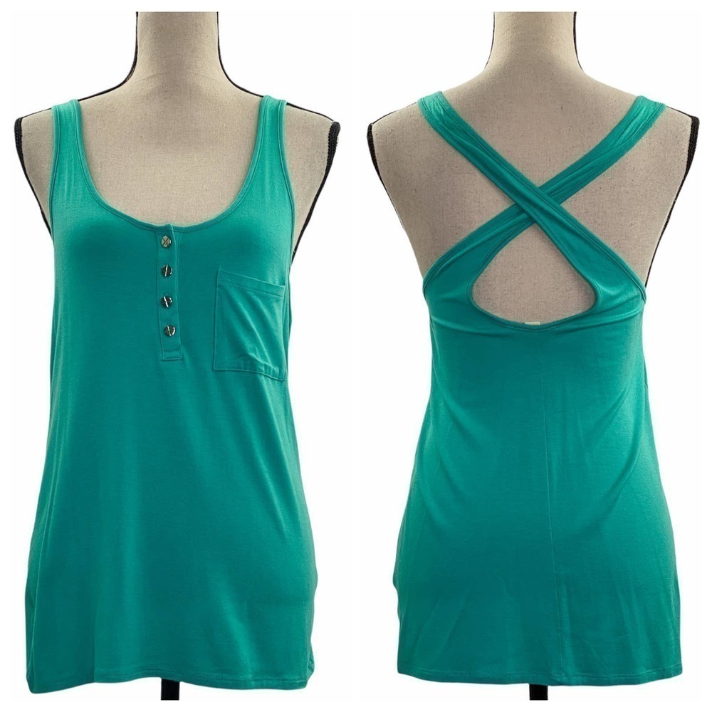 ZENANA Outfitters Teal Blue Criss-Cross Back Quarter Button Henley Pocket Tank